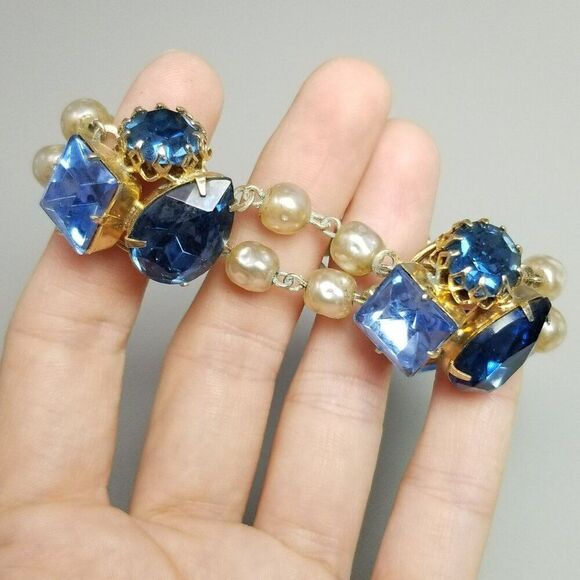 Vintage Blue Rhinestone Clusters and Faux Pearl Beaded Bracelet, Made in Germany - Picture 2 of 9